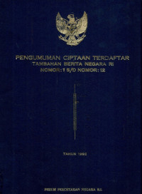 Image of Pengumuman ciptaan terdaftar tambahan berita negara ri nomor 1 s/d nomor 12 : tahun 1992